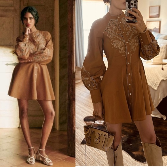 Sezane Dresses & Skirts - NWT Sezane Caprice Intricate Embroidery Linen Dress In Camel Size 34